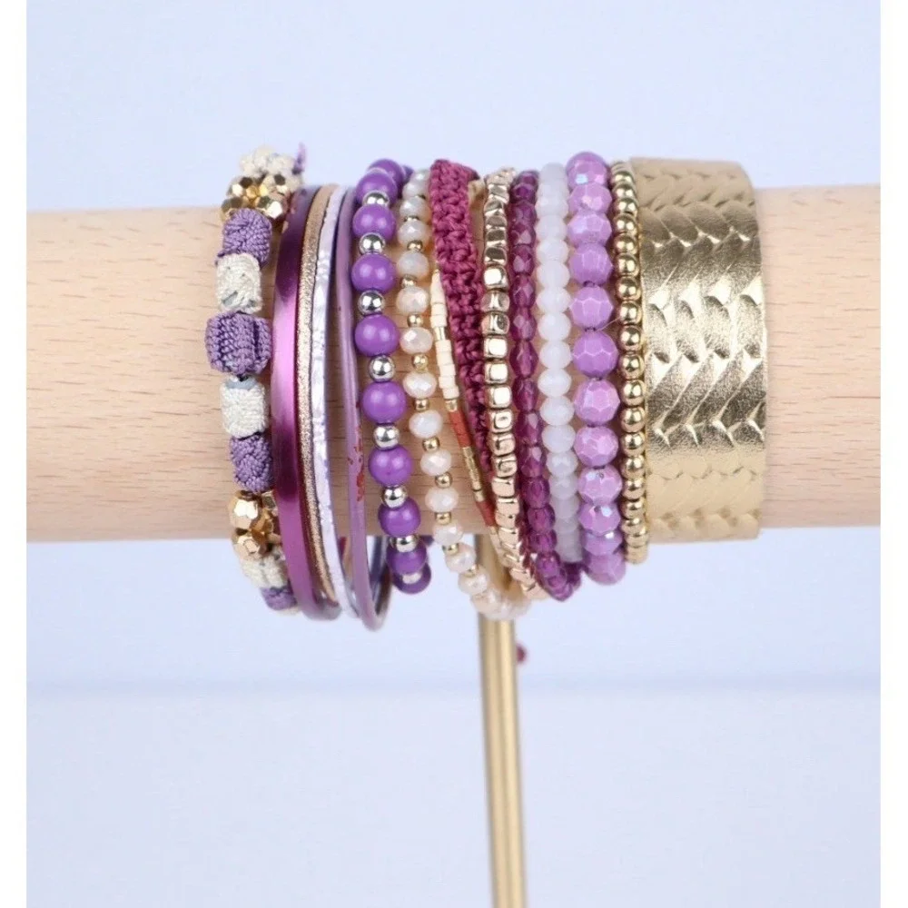 Women Bracelet Stack (15) Bangle Beaded Woven Stretch Purple Gold‎ Leather Stone
